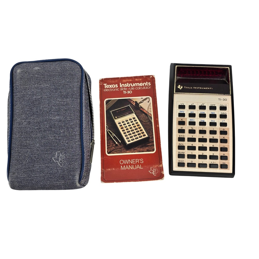 Vintage Texas Instruments TI-30 Calculator with Manual and Denim Case USA Made
